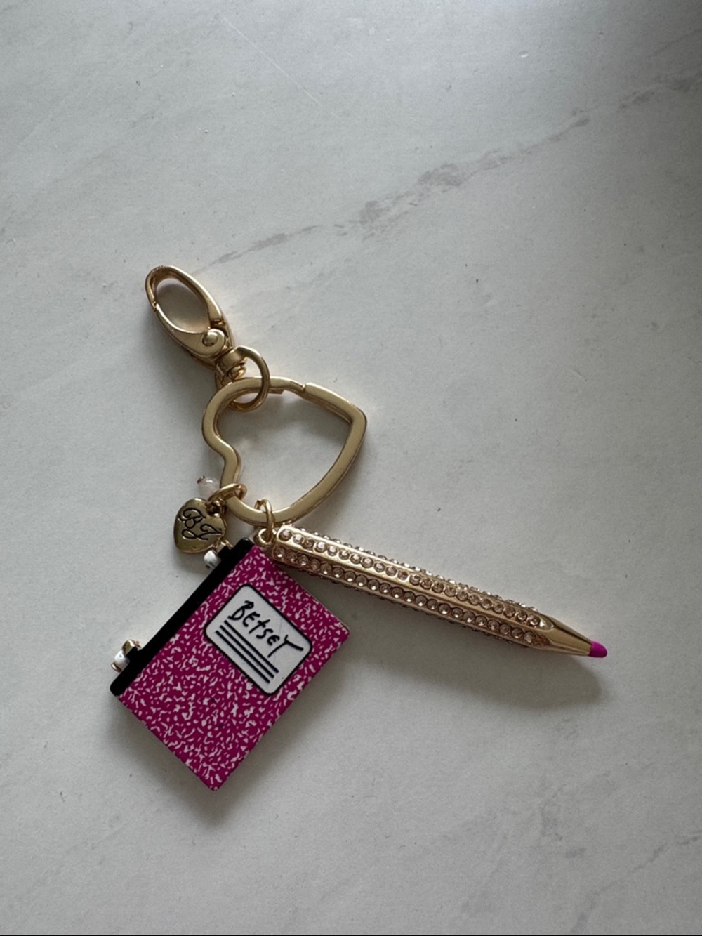 Betsey Johnson Pink Notebook & Gold Rhinestone Pen Keychain